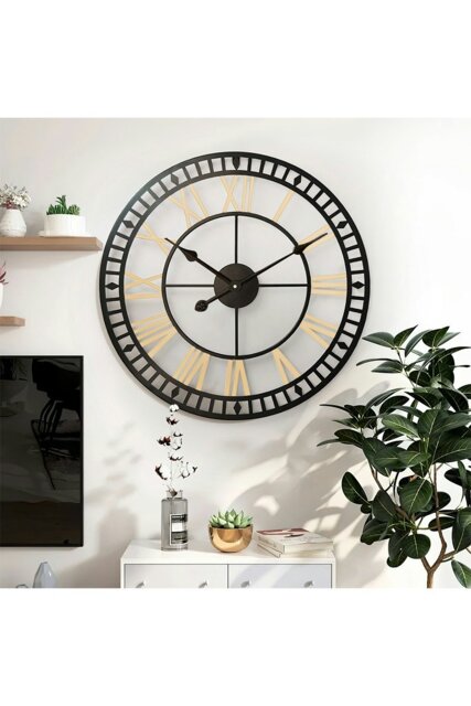 Rackhams 80cm Dia Black Frame Gold Roman Numeral Hollow 60 Scale Wall Clock - Black - image 1
