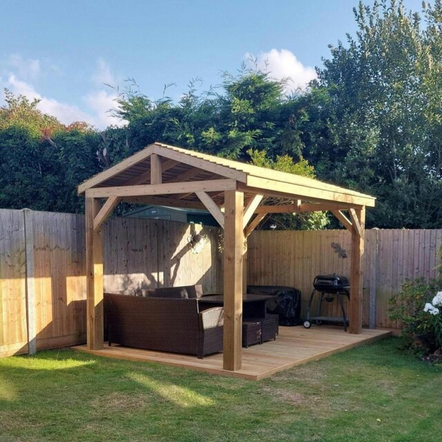 Rackhams Heavy Duty Timber Gazebo DIY Kit - Tanalised Feather Edge Timber - Felt Tile Roof - 7.2m - 6 post - 3.6m - Red Felt Tiles - image 1