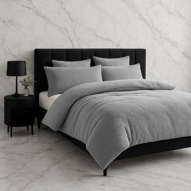 Rackhams Teddy Bear Fleece Duvet Cover & Pillow Case Set - Double - Silver - image 1