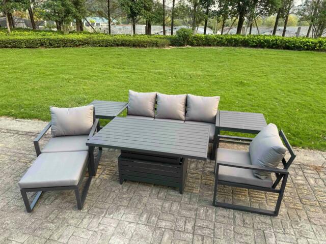 Rackhams 6 Seater Aluminium Garden Furniture Set with Adjustable Rising Dining Table, 2 Chairs, Footstool, 2 Side Tables - Dark Grey - image 1