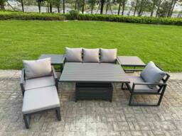 Rackhams 6 Seater Aluminium Garden Furniture Set with Adjustable Rising Dining Table, 2 Chairs, Footstool, 2 Side Tables - Dark Grey - thumbnail 2