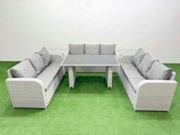 Rackhams Patio Garden Furniture Sets with Black Glass Top Dining Table 3 Seater Sofa 2 Side Tables Light Grey