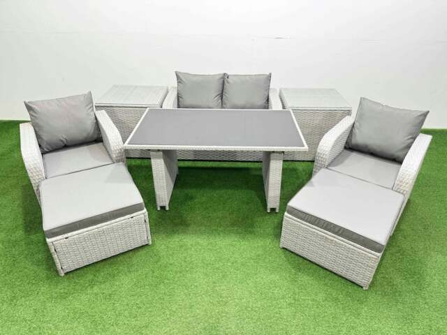 Rackhams Outdoor Rattan Garden Furniture Dining Set 6 seater Patio Rectangular Table Love Sofa Reclining Chair Set with 2 Side Tables 2 Big Stools - image 1