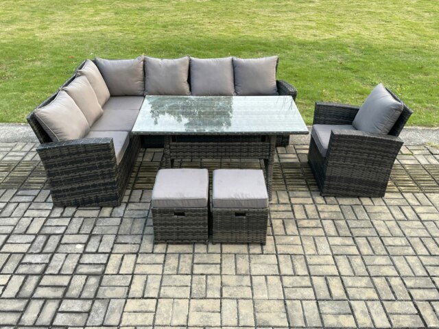 Rackhams 9 Seater Garden Rattan Furniture Corner Dining Set with 2 Small Footstools Armchair Indoor Outdoor Lounge Sofa Set - image 1