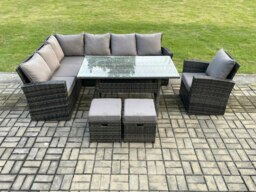 Rackhams 9 Seater Garden Rattan Furniture Corner Dining Set with 2 Small Footstools Armchair Indoor Outdoor Lounge Sofa Set - thumbnail 1