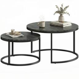 Rackhams 2 Pcs Stacking Coffee Table Set Steel Frame - Black Wood Grain - thumbnail 2