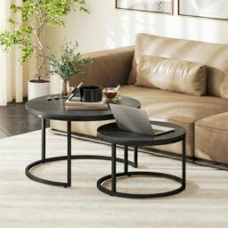 Rackhams 2 Pcs Stacking Coffee Table Set Steel Frame - Black Wood Grain - thumbnail 1