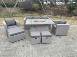 Rackhams Light Grey Rattan Fire Pit Garden Furniture Set Gas Heater Burner Chairs With 3 PC Stools - thumbnail 3