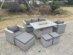 Rackhams Light Grey Rattan Fire Pit Garden Furniture Set Gas Heater Burner Chairs With 3 PC Stools