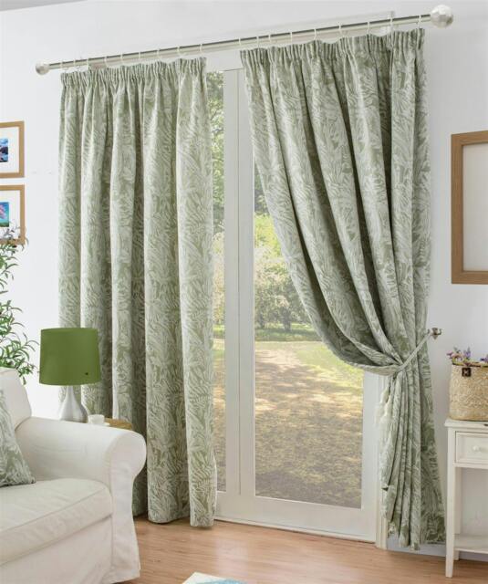 Rackhams Chenille Jacquard Lined Pencil Pleat Curtains - Green - 117cm width x 137cm drop - image 1