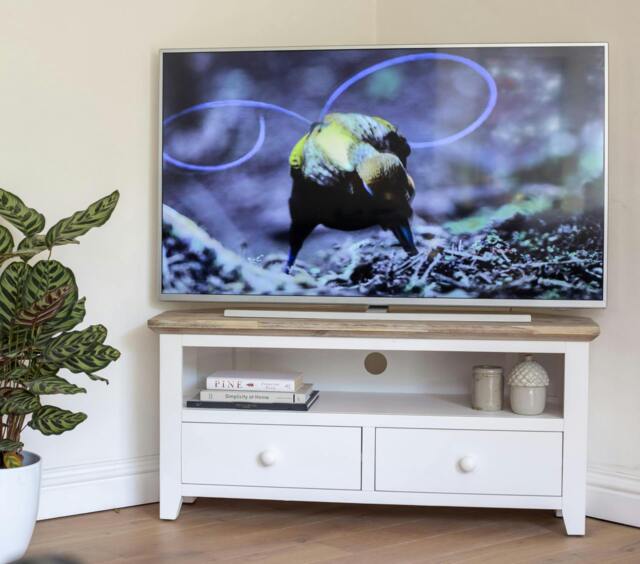 Rackhams Florence Wooden Corner TV Unit With 2 Drawers and Shelf - White - image 1