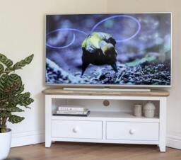 Rackhams Florence Wooden Corner TV Unit With 2 Drawers and Shelf - White - thumbnail 1