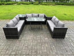 Rackhams Rattan Outdoor Garden Furniture Set Garden Dining Table Set with Patio Side Table 9 Seater Dark Grey Mixed - thumbnail 2