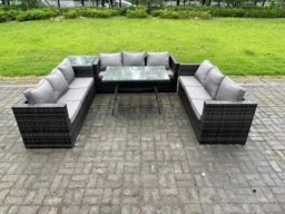 Rackhams Rattan Outdoor Garden Furniture Set Garden Dining Table Set with Patio Side Table 9 Seater Dark Grey Mixed - thumbnail 1