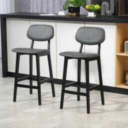 Rackhams Bar Stools Set of 2, Breakfast Bar Chairs, PU Leather Upholstered Kitchen Stools with Backs, Footrests and Solid Wood Legs, Dark Grey - thumbnail 2