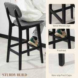 Rackhams Bar Stools Set of 2, Breakfast Bar Chairs, PU Leather Upholstered Kitchen Stools with Backs, Footrests and Solid Wood Legs, Dark Grey - thumbnail 6