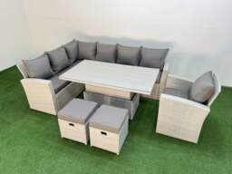 Rackhams 9 Seat Rattan Outdoor Garden Furniture Corner Sofa Set Adjustable Lifting Dining or Coffee Table Set with 2 Small Footstools Light Grey - thumbnail 1