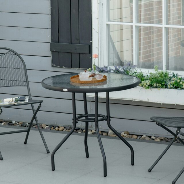 Rackhams Outdoor Round Dining Table Tempered Glass Top w/ Parasol Hole 80cm - Black - Metal, Tempered glass - 80cm x 80cm x 72cm - image 1