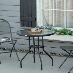 Rackhams Outdoor Round Dining Table Tempered Glass Top w/ Parasol Hole 80cm - Black - Metal, Tempered glass - 80cm x 80cm x 72cm - thumbnail 1