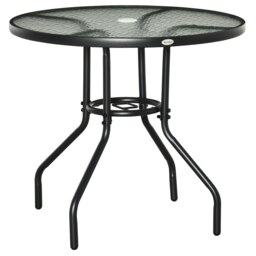 Rackhams Outdoor Round Dining Table Tempered Glass Top w/ Parasol Hole 80cm - Black - Metal, Tempered glass - 80cm x 80cm x 72cm - thumbnail 2