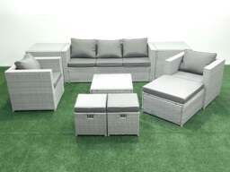 Rackhams Rattan Garden Outdoor Furniture Sofa Set with Square Coffee Table 2 Chairs 3 Footstools 2 Side Tables Light Grey Mixed - thumbnail 2