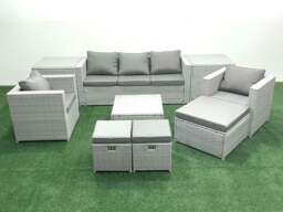 Rackhams Rattan Garden Outdoor Furniture Sofa Set with Square Coffee Table 2 Chairs 3 Footstools 2 Side Tables Light Grey Mixed - thumbnail 1
