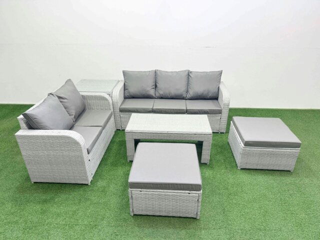 Rackhams 7-Seater PE Wicker Rattan Garden Sofa Set - Dark Grey Mixed Patio Conservatory Furniture with Oblong Coffee Table & 2 Big Footstools - image 1