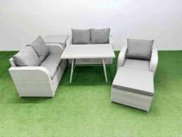 Rackhams 6 Seater Outdoor Rattan Garden Furniture Set Love Sofa Reclining Chair Set with Rectangular Dining Table Side Table Big Footstool Light Grey - thumbnail 1