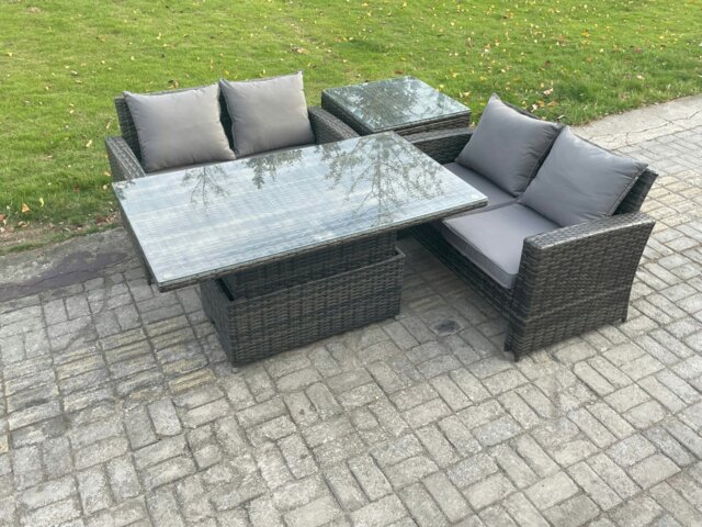 Rackhams 4-Piece Poly Rattan Garden Furniture Set - Dark Grey Mixed Outdoor Patio Rising Lifting Table Dining Set - image 1