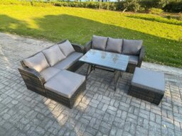Rackhams Garden Furniture Sofa Set Rectangular Dining Table 2 Big Footstool Indoor Outdoor 8 Seater Rattan Set Dark Grey Mixed - thumbnail 2
