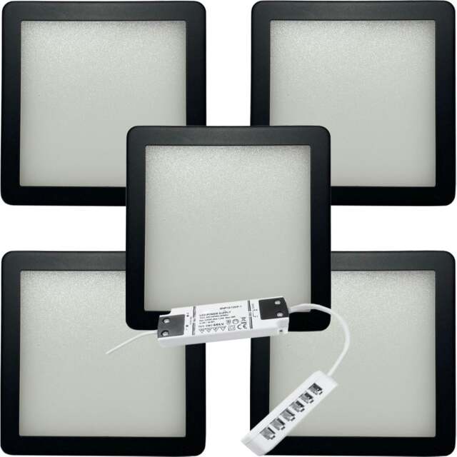 Rackhams Loops 5x MATT BLACK Ultra-Slim Square Under Cabinet Kitchen Light & Driver Kit - Warm White Diffused LED