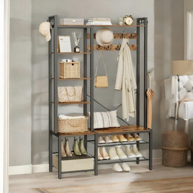 Rackhams Hall Tree Coat Rack With Shoe Storage Brown - image 1