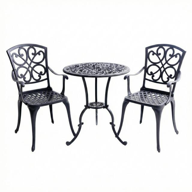 Rackhams VIVALDI 3-Piece Aluminium Garden Bistro Set - Round Table with Parasol Hole & 2 Generously Sized Armchairs - Baroque Design (Black) - Aluminium - 1 - Black - image 1