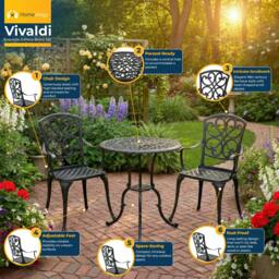 Rackhams VIVALDI 3-Piece Aluminium Garden Bistro Set - Round Table with Parasol Hole & 2 Generously Sized Armchairs - Baroque Design (Black) - Aluminium - 1 - Black - thumbnail 4
