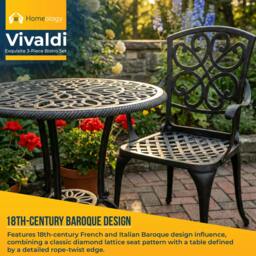 Rackhams VIVALDI 3-Piece Aluminium Garden Bistro Set - Round Table with Parasol Hole & 2 Generously Sized Armchairs - Baroque Design (Black) - Aluminium - 1 - Black - thumbnail 2