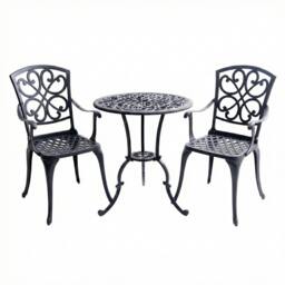 Rackhams VIVALDI 3-Piece Aluminium Garden Bistro Set - Round Table with Parasol Hole & 2 Generously Sized Armchairs - Baroque Design (Black) - Aluminium - 1 - Black - thumbnail 1