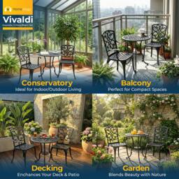 Rackhams VIVALDI 3-Piece Aluminium Garden Bistro Set - Round Table with Parasol Hole & 2 Generously Sized Armchairs - Baroque Design (Black) - Aluminium - 1 - Black - thumbnail 3