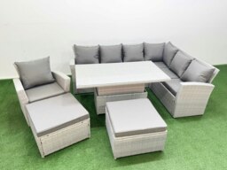 Rackhams 9 Seat Rattan Garden Furniture Corner Sofa Set Outdoor Adjustable Lifting Dining or Coffee Table Set with 2 Big Footstools Light Grey - thumbnail 1