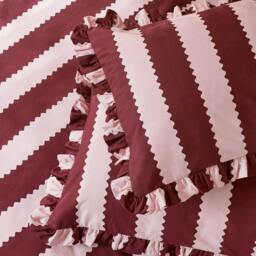 Rackhams Birdie Ruffles Striped Pillowcase - Burgundy/Bloom - 50cm x 75cm - Burgundy/Bloom - 60% Cotton/40% Polyester