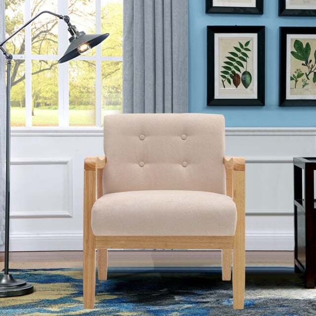 Rackhams Wooden Armchair Upholstered Occasional Chair - 70cm W x 63cm L x 78cm H - Beige - image 1