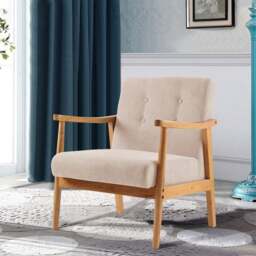 Rackhams Wooden Armchair Upholstered Occasional Chair - 70cm W x 63cm L x 78cm H - Beige - thumbnail 2