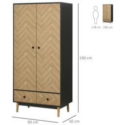 Rackhams Modern Wardrobe Cabinet Wood Grain Sticker Surface with Shelf, Hanging Rod and 2 Drawers 90x50x190cm - thumbnail 3