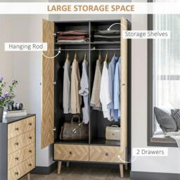 Rackhams Modern Wardrobe Cabinet Wood Grain Sticker Surface with Shelf, Hanging Rod and 2 Drawers 90x50x190cm - thumbnail 4