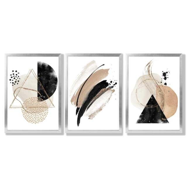 Rackhams Abstract Black Beige Set of 3 Watercolour Shapes Framed Wall Art - 50x70cm - Silver - image 1