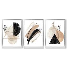 Rackhams Abstract Black Beige Set of 3 Watercolour Shapes Framed Wall Art - 50x70cm - Silver - thumbnail 1