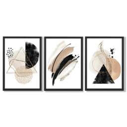 Rackhams Abstract Black Beige Set of 3 Watercolour Shapes Framed Wall Art - 50x70cm - Silver - thumbnail 4