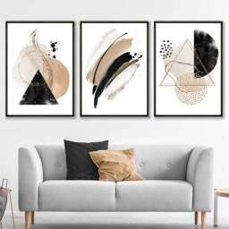 Rackhams Abstract Black Beige Set of 3 Watercolour Shapes Framed Wall Art - 50x70cm - Silver - thumbnail 3