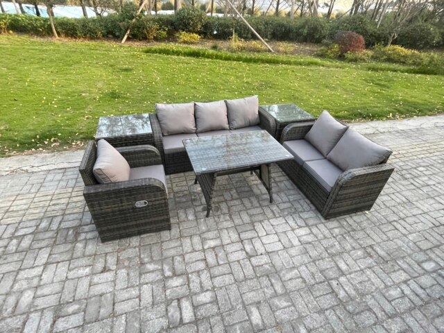 Rackhams 6 Seater Outdoor Rattan Garden Furniture Set Patio Lounge Sofa Set with Dining Table 2 Side Tables Dark Grey Mixed - image 1