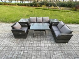 Rackhams 6 Seater Outdoor Rattan Garden Furniture Set Patio Lounge Sofa Set with Dining Table 2 Side Tables Dark Grey Mixed - thumbnail 2