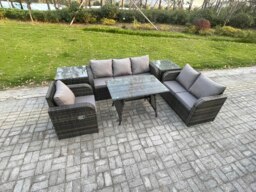 Rackhams 6 Seater Outdoor Rattan Garden Furniture Set Patio Lounge Sofa Set with Dining Table 2 Side Tables Dark Grey Mixed - thumbnail 1
